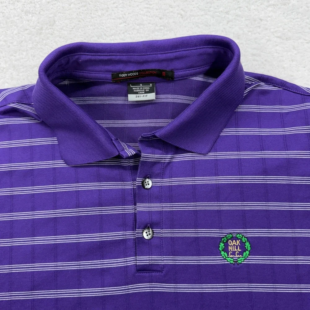 Nike Tiger‎ Woods Collection Purple Striped Golf Polo Shirt Oak Hill C.C.